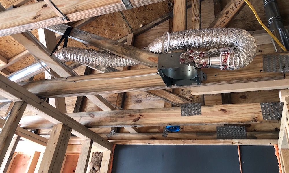 This bathroom exhaust fan duct adds a lot of resistance to air, starting with the 180° turn