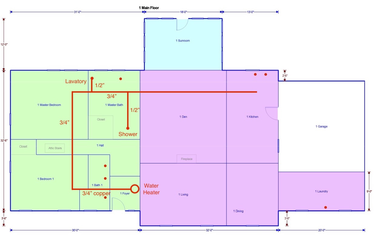 Hot water distribution to the primary bathroom lavatory and shower before retrofit